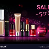 Cosmetics beauty products for make up sale banner with glowing neon background and pink sparkles. Discount off promo advertising template for glamour cosmetic brand ad Realistic 3d vector illustration